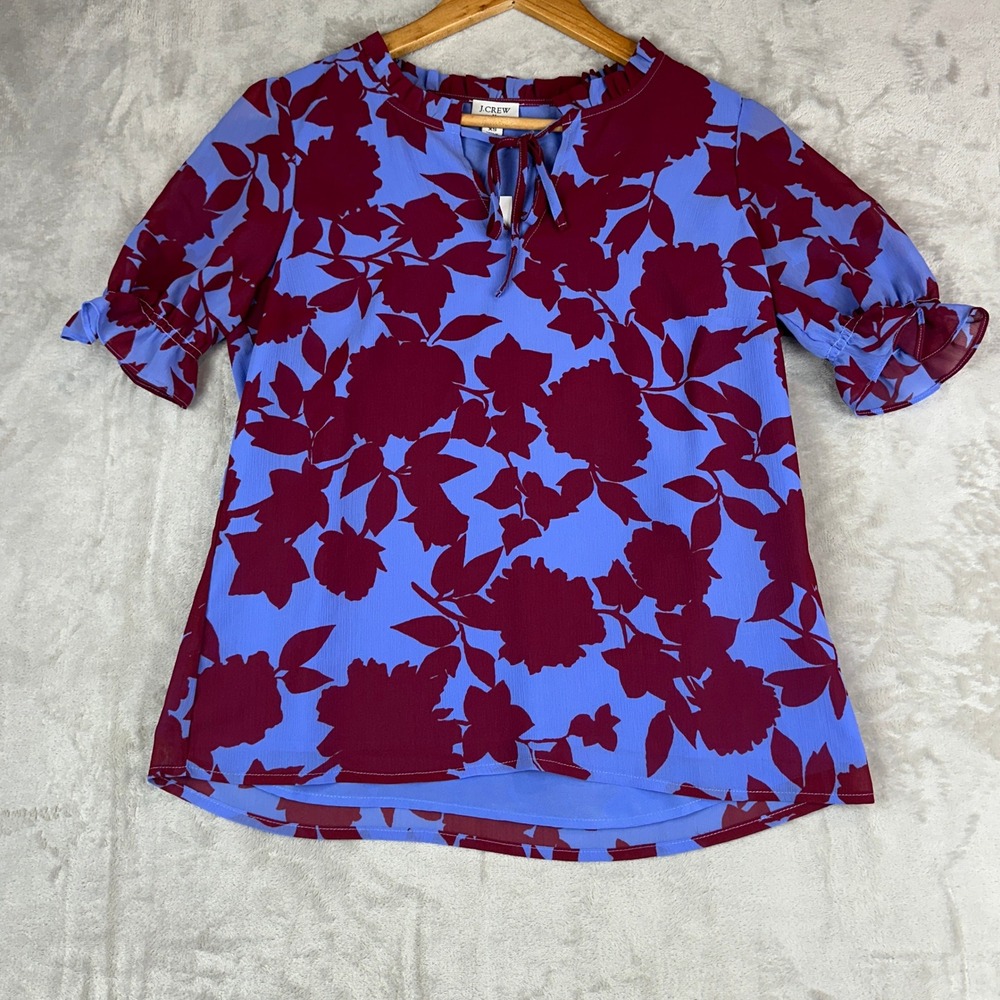 J.Crew BT252 Blue Burgundy Floral Ruffle Tie Neck Puff Sleeve Blouse XS NWT